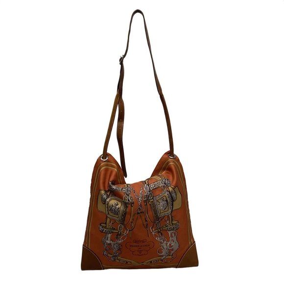 Auth HERMES Silky City PM - Orange Beige Multi Silk Veau Barenia Square M - Picture 2 of 16